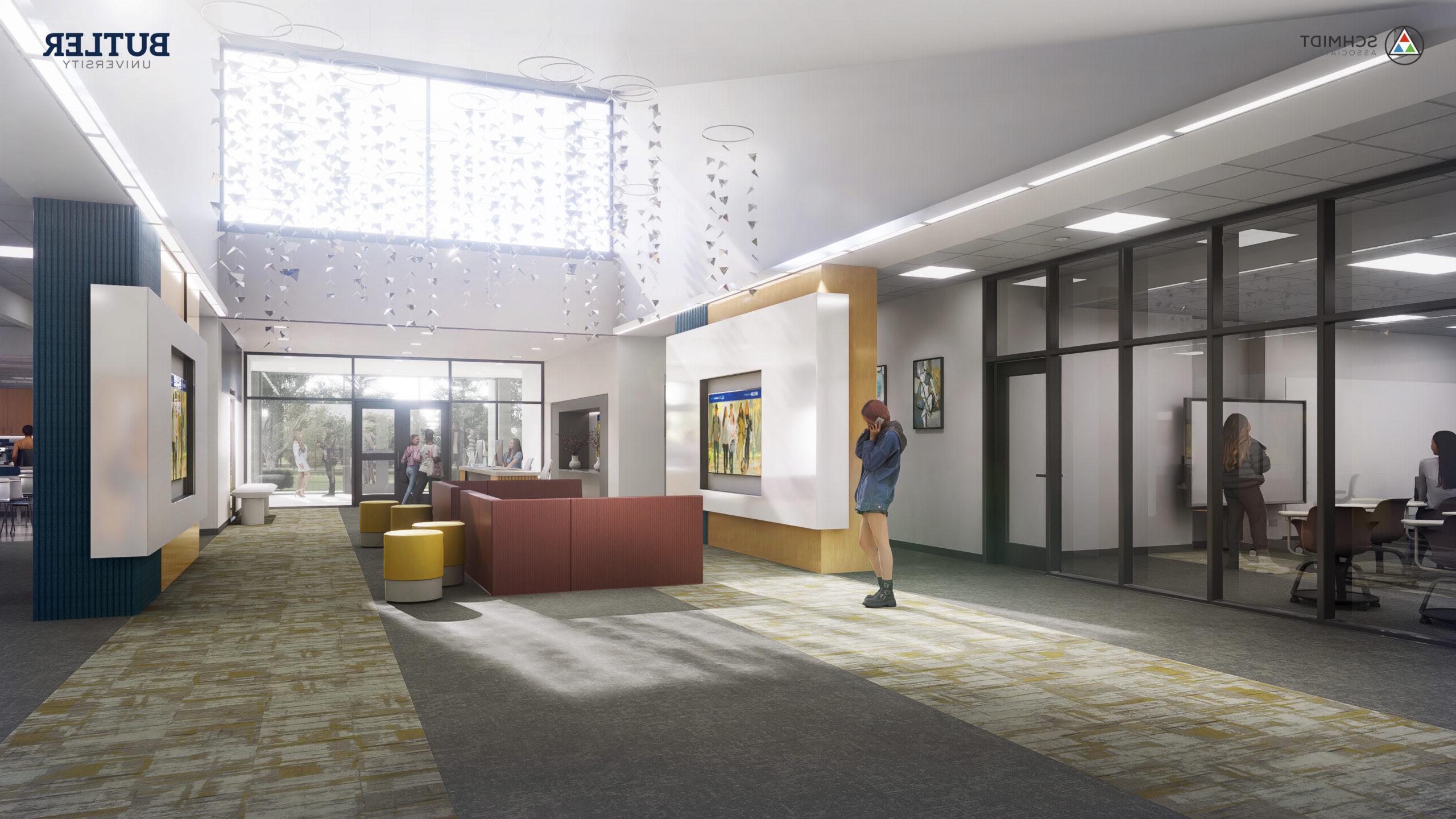 Rendering of the entryway for Founder's College, an update that is part of the Butler Gateway Project